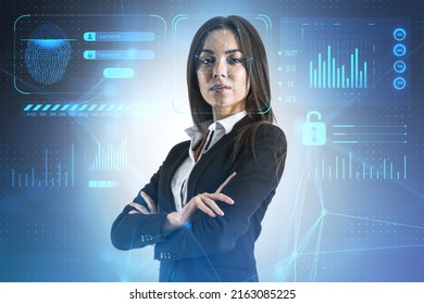 Portrait of thoughtful european woman with folded arms and face id glowing interface. Access, identification and recognition concept. Double exposure