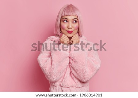 Similar – Image, Stock Photo woman with pink wig smiling happily on pink background