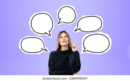 Portrait of thoughtful young woman standing with raised index finger over purple background with speech bubble sketches around her. Concept of communication and thinking - Powered by Shutterstock