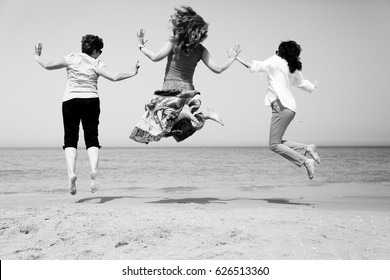 Portrait Of Three 40 Years Old Women On Seaside