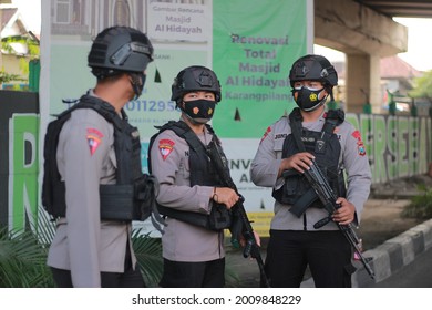 Portrait Of Three Police Officers On Guard, Indonesia, Surabaya, 2021