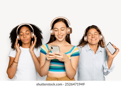 Portrait of three women enjoy music with headphones. Portrait of women enjoying to listening the music by smartphone and headphones, music lifestyle connection and music sharing concept - Powered by Shutterstock