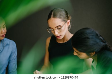 Portrait Of Three Women In An Intense Discussion. They Are A Diverse Team With A Caucasian, Chinese And Indian Woman Poring Over A Book. They Are Young, Dynamic And Attractive.