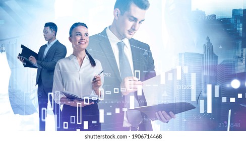 Portrait Of Three Young Diverse Business People Working Together In Blurry Abstract City With Double Exposure Of Financial Charts. Toned Image