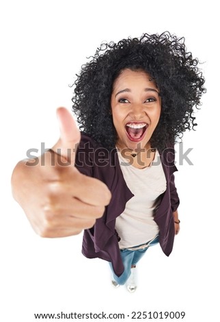 Portrait, thumbs up top view and woman in studio isolated on a white background. Thank you, thumbsup and black female employee with hand gesture for success, support or motivation, yes or like emoji.