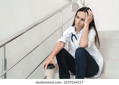 Portrait of tired exhausted upset stressed nurse or female doctor having a coffee break sitting on hospital floor in hallway. Young exhausted female nurse tired from hard work in medical clinic. - Powered by Shutterstock