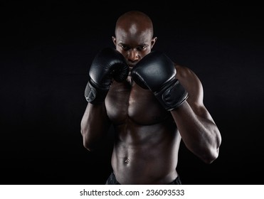 Portrait of tough male boxer posing in boxing stance against black background. Professional fighter ready for boxing match. - Powered by Shutterstock