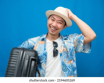 Portrait Toursim Man Gentle Smile Hold Luggage Isolated