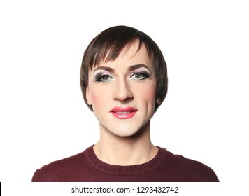 Portrait Of Transgender Woman With Bright Makeup On White Background