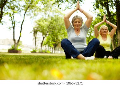 Portrait of two aged females doing yoga exercise on green grass