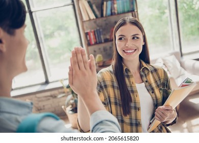 Portrait Of Two Best Friends Classmates Giving High Five Success Celebrate Triumph Hold Materials Library Indoors