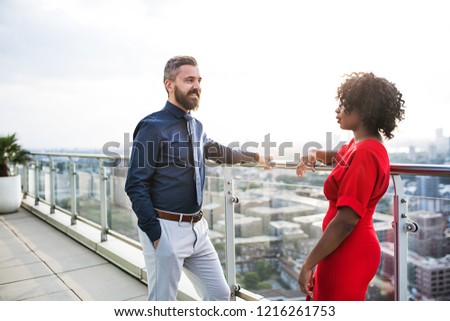 Image, Stock Photo red railing and white chimney of old boat against blue sky