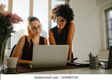 Portrait of two businesswomen looking at laptop and discussing new project in office. Young business colleagues discussing work in the office.