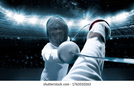 Portrait of two fencers against the backdrop of a sports arena. The concept of fencing. Duel. Mixed media - Powered by Shutterstock