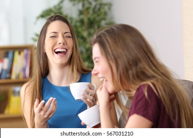 Portrait Of Two Friends Laughing Loud Together During A Conversation Sitting On A Couch In The Living Room At Home