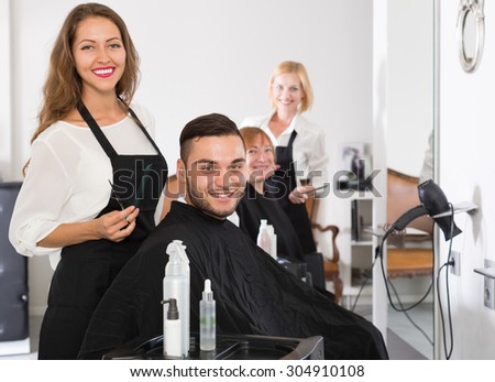 Portrait Two Hairdressers Two Clients Hair Stock Photo Edit Now