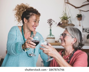 Portrait Of Two Happy People, Mother And Daughter, Having Fun And Toasting With A Red Wine Glass In Domestic Room. Mature And Senior Couple