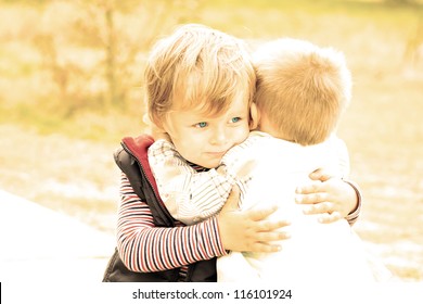 Portrait Of Two Little Brothers. Friendship And Support