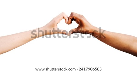 Portrait two multiracial arms joined together forming heart with hands, empty white background. Hope and love between relationships, human beings of different races with different skin. Isolated photo