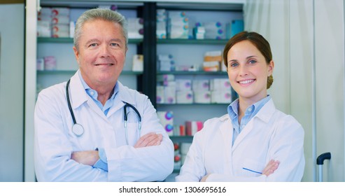 Portrait Of Two Pharmacists Consultants Smiling In Camera. Concept Of Profession, Medicine And Healthcare, Medical Education, Pharmaceutical Sector