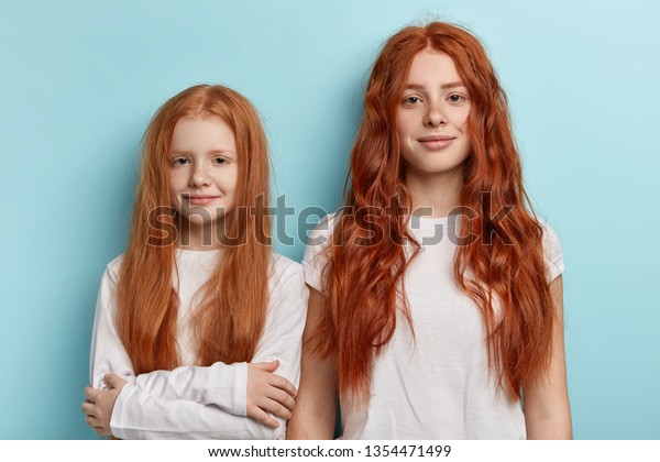 普段着の2人の赤毛の姉妹のポートレートは カメラを真剣に見詰め 家族の関係が良い 長い髪の赤毛の女の子 そばかすは すべてのトラブルを乗り越える の写真素材 今すぐ編集