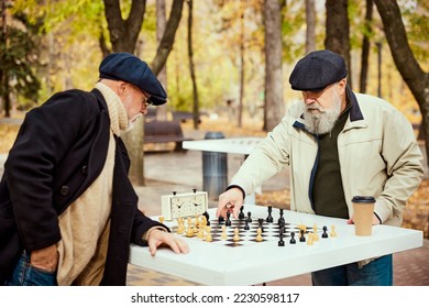 Portrait of two senior men playing chess in the park on a daytime in fall. Outdoot activity. Concept of leisure activity, friendship, sport, autumn season, game, entertainment, old generation - Shutterstock ID 2230598117