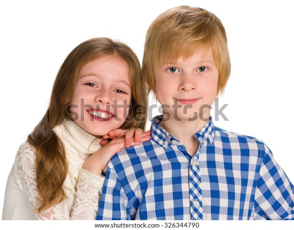 Portrait Two Smiling Children Against White Stock Photo 326344790 ...