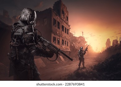 Portrait of two soldiers survived after atomic war in ruins of destroyed city. - Shutterstock ID 2287693841