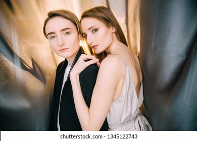 Portrait Of Two Twin Sisters Looking Different From Each Other. Beautiful Twins. Different Twin  Sisters. Women Twins. Different Concept