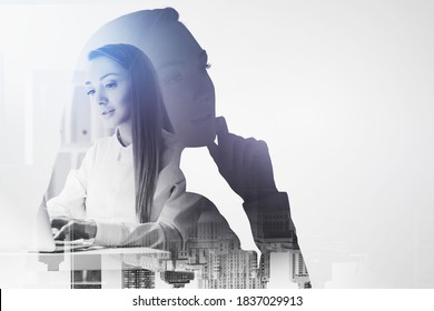 Portrait of two young European businesswomen over blurry city background. Concept of leadership. Toned image double exposure - Powered by Shutterstock