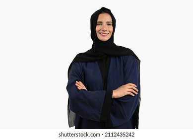 Portrait of UAE woman in Hijab Abaya looking far away the camera. Beautiful Emirati female wearing cultural outfit common in the Emirates