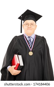 Portrait Of A University Dean In Graduation Gown Posing Isolated On White Background