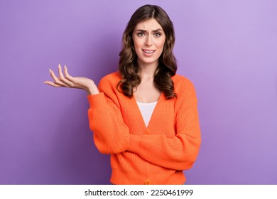 Portrait of unsatisfied pretty person raise arm palm conflict isolated on purple color background - Shutterstock ID 2250461999