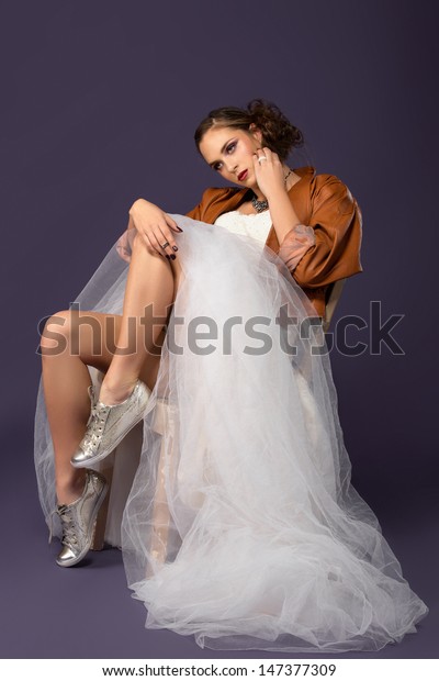 Portrait Untraditional Bride Tulle Wedding Dress Stock Photo Edit