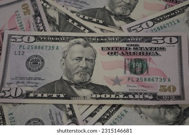 Portrait of US president Ulysses Simpson Grant on 50 dollars banknote. 