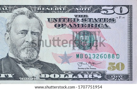 Portrait of US president Ulysses Simpson Grant on 50 dollars banknote closeup macro fragment. United states fifty dollars money bill