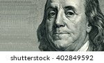 Portrait of U.S. statesman, inventor, and diplomat Benjamin Franklin as he looks on one hundred dollar bill obverse. The portrait is expanded from the right side