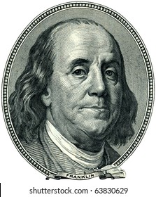 Portrait of U.S. statesman, inventor, and diplomat Benjamin Franklin as he looks on one hundred dollar bill obverse. Clipping path included.