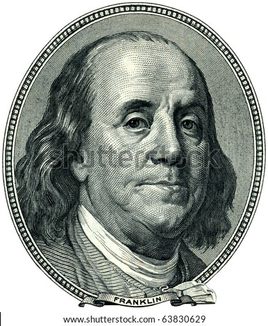 Portrait of U.S. statesman, inventor, and diplomat Benjamin Franklin as he looks on one hundred dollar bill obverse. Clipping path included.