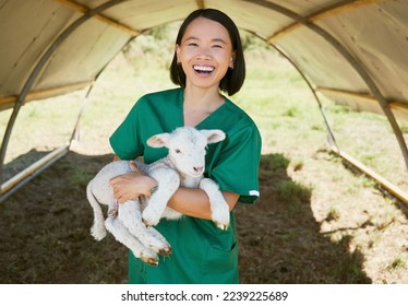 Portrait, vet and animal on farm for livestock inspection, animal care and environment check up in countryside. Agriculture, veterinarian and woman with a lamb for farming check up, happy and smile - Powered by Shutterstock