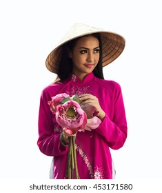 Portrait of Vietnamese girl traditional dress with lotus on white background
