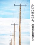 Portrait view of a row of telephone poles made of wood with cables isolated against a blue sky background in North America.