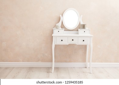 Portrait Of Vintage Vanity Table Set With Three Drawers And Mirror - Image