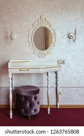 Portrait Of Vintage Vanity Table Set With Mirror.