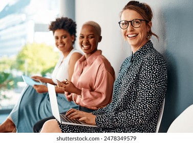 Portrait, waiting room and business woman on technology for interview, recruitment and diversity. Happy group, candidate and queue for hiring, hr and excited for job search opportunity at startup - Powered by Shutterstock