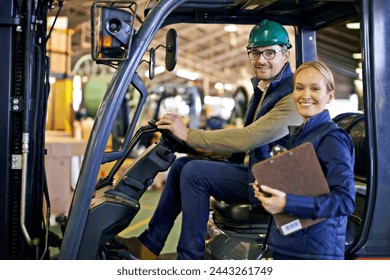 Portrait, warehouse and workers with forklift working on site, loading on dock with Industrial moving vehicle. Teamwork, together or woman with clipboard for shipping inventory, hardhat for safety - Powered by Shutterstock