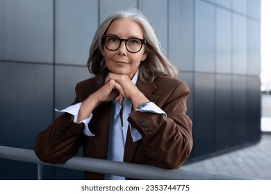 portrait of a well-groomed slender senior business woman with gray hair dressed in an elegant brown jacket over a shirt