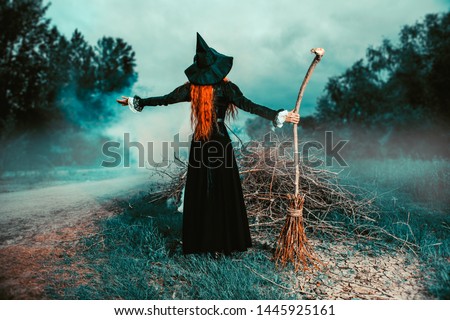 A portrait of a witch with a broodstick near the forest. Magic, dark force, spell. 