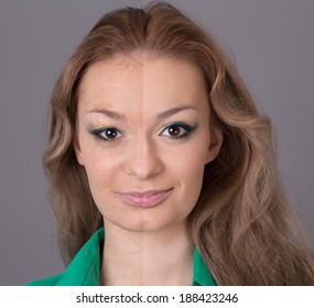 Portrait Of A Woman Before And After Botox. Young And Old Face.