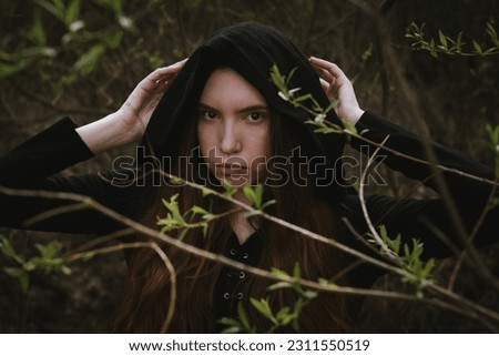 Similar – ein Mädchen mit langen Haaren und blauen Augen in den Bergen, das mit einer Kapuze lächelt